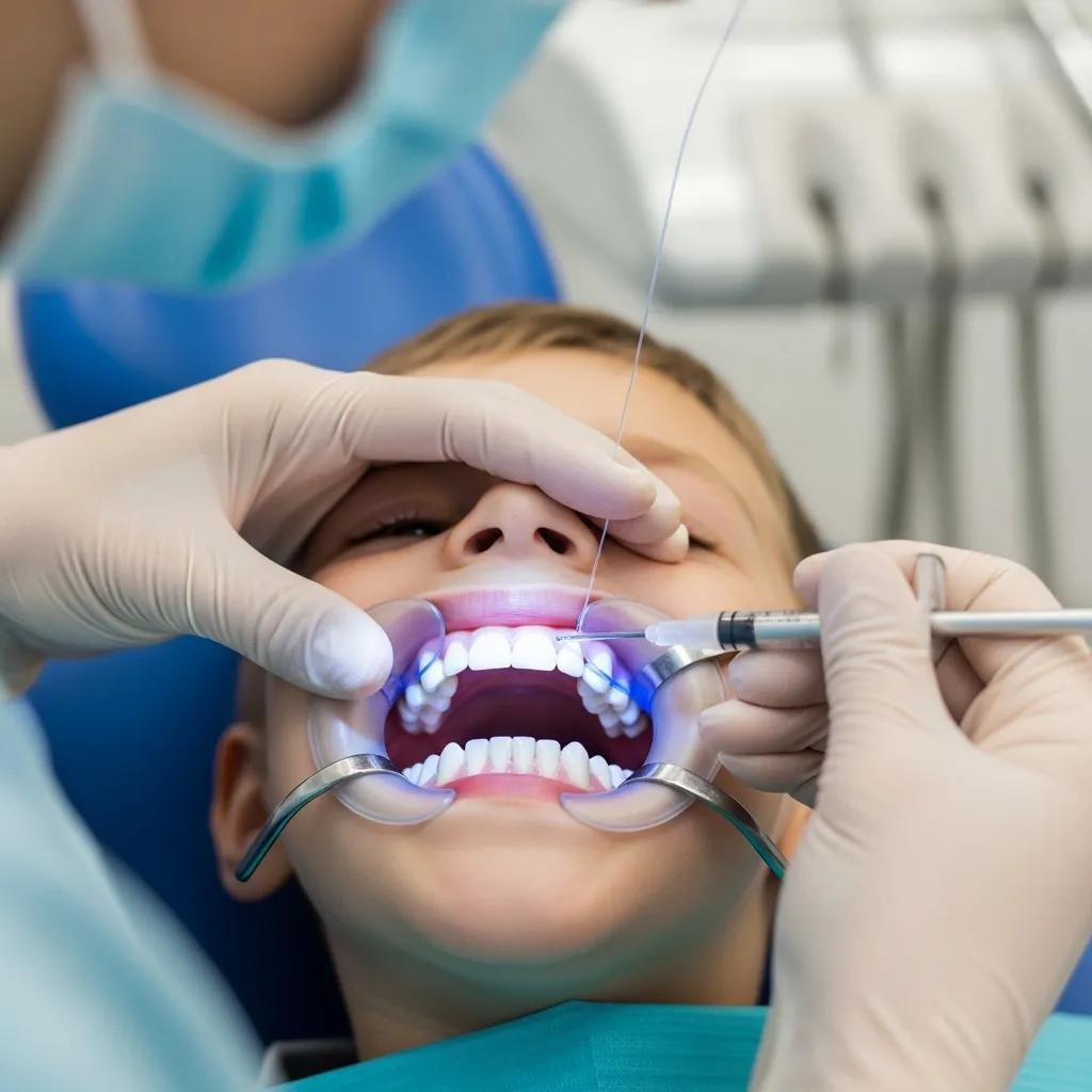 Dentist applying dental sealants to a child's molars in a modern dental office