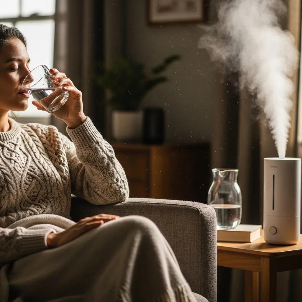 Woman sipping water for dry mouth relief and hydration.