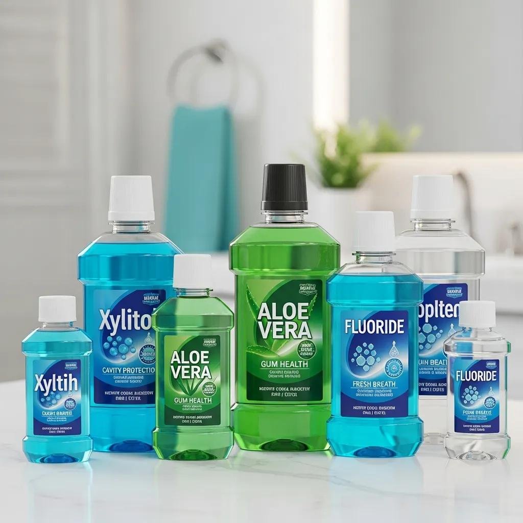 Mouthwash options for dry mouth relief featuring xylitol and aloe vera, fluoride ingredients.