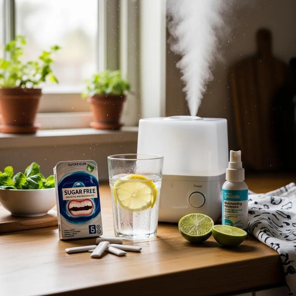 Sugar-free gum, humidifier, and water with lemon for dry mouth relief.