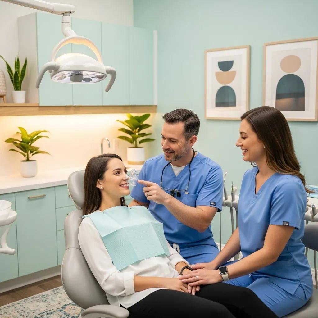 Patient receiving anxiety-friendly dental care with compassionate staff in a calming environment