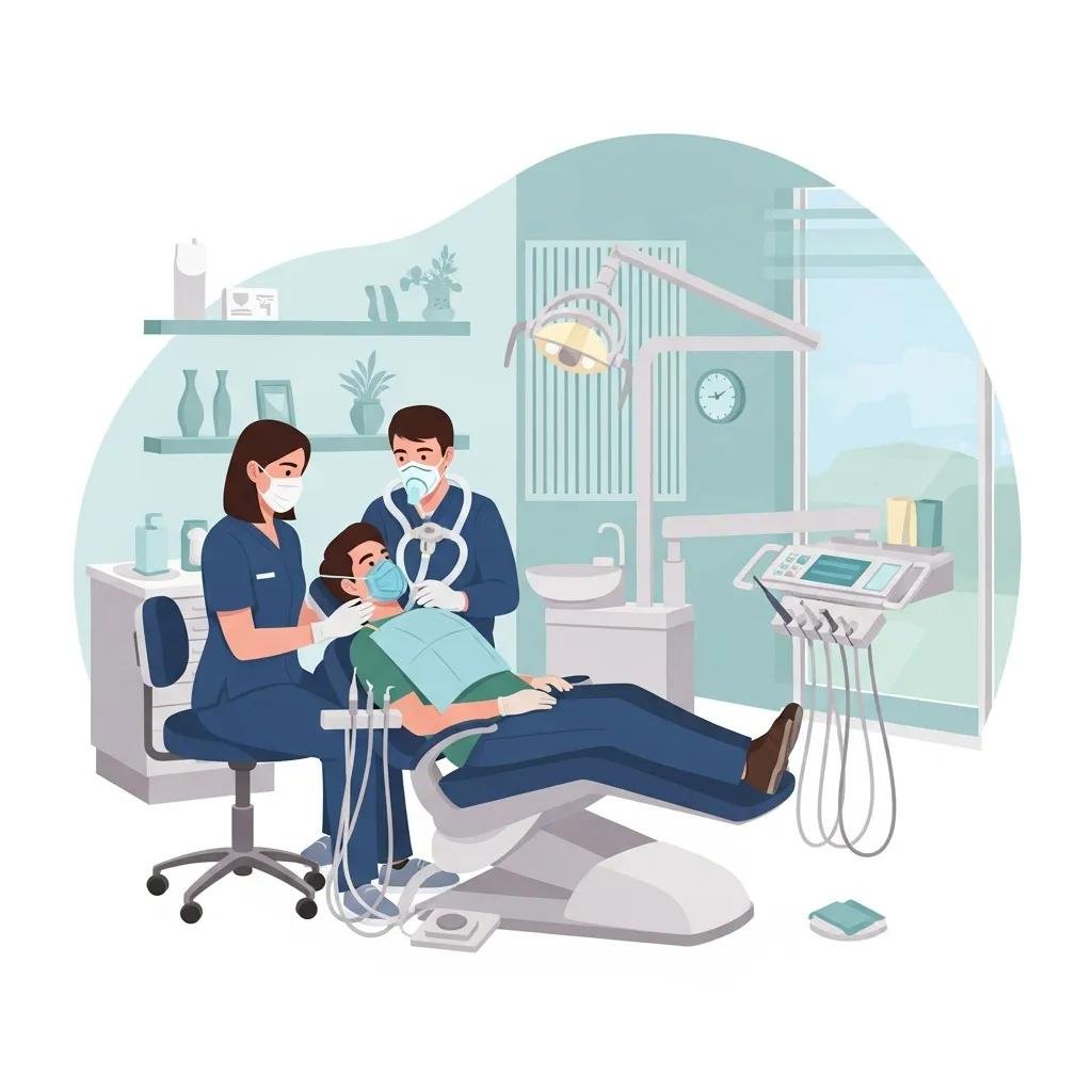 Patient receiving sedation dentistry in a calm dental office environment with a dental team