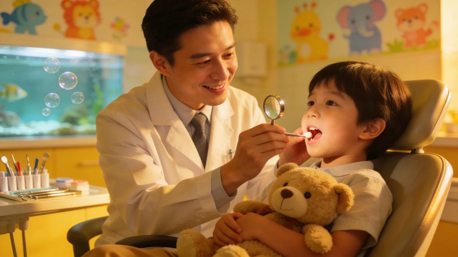 Gentle family dentist examining a child's teeth, promoting pediatric expertise and anxiety management.