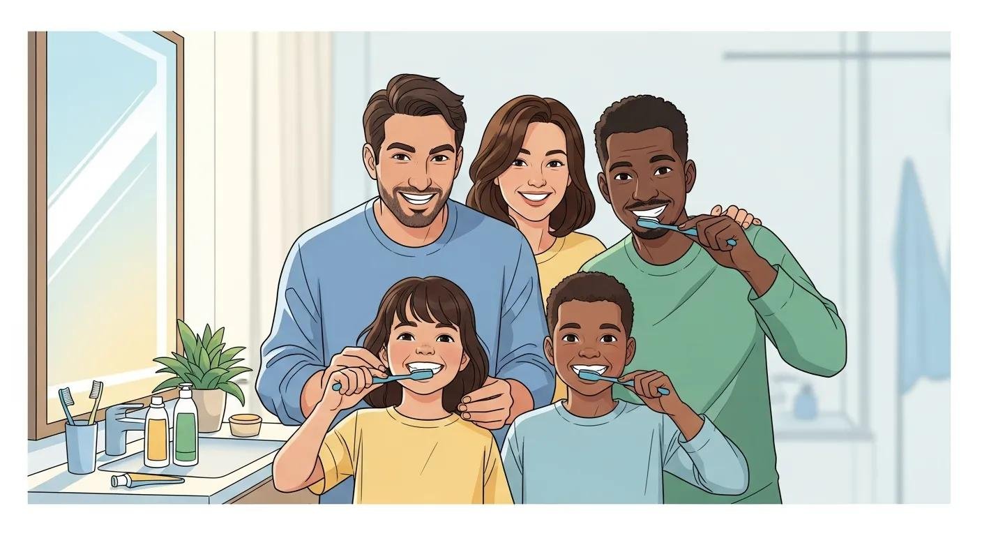 Family brushing teeth together demonstrating children’s dental hygiene and oral health routines.