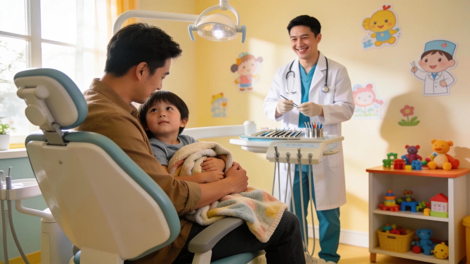 Gentle dentist examining young boy with parent in dental chair, promoting positive pediatric dental experience.