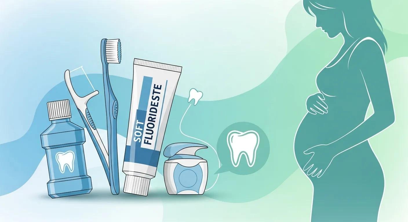 Oral hygiene products and pregnant woman illustration for expectant mothers' dental care.