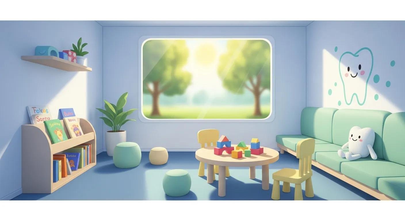 Child-friendly dental waiting room with toys, books, and a smiling tooth cartoon illustration.