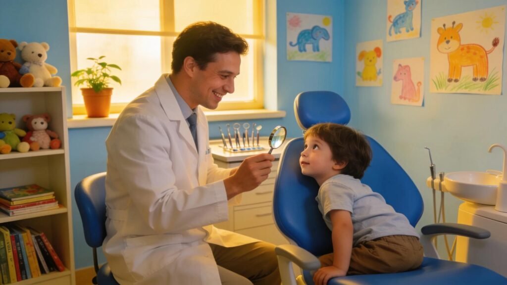 Dentist examining a child's teeth in a bright, welcoming dental office.
