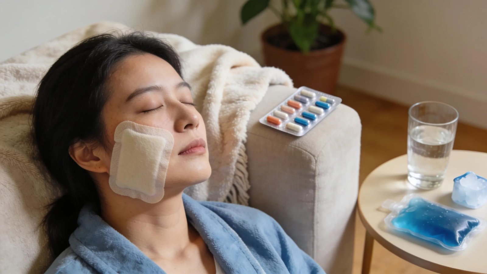 Woman resting with ice pack and medication for post-dental treatment care.