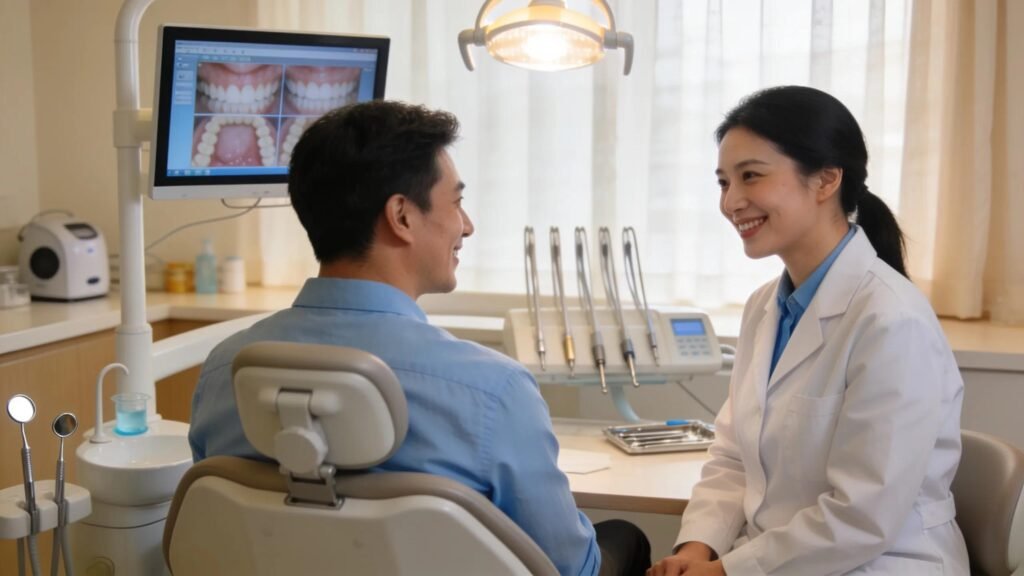 Dentist and patient discussing dental care in Newsham Dental office.