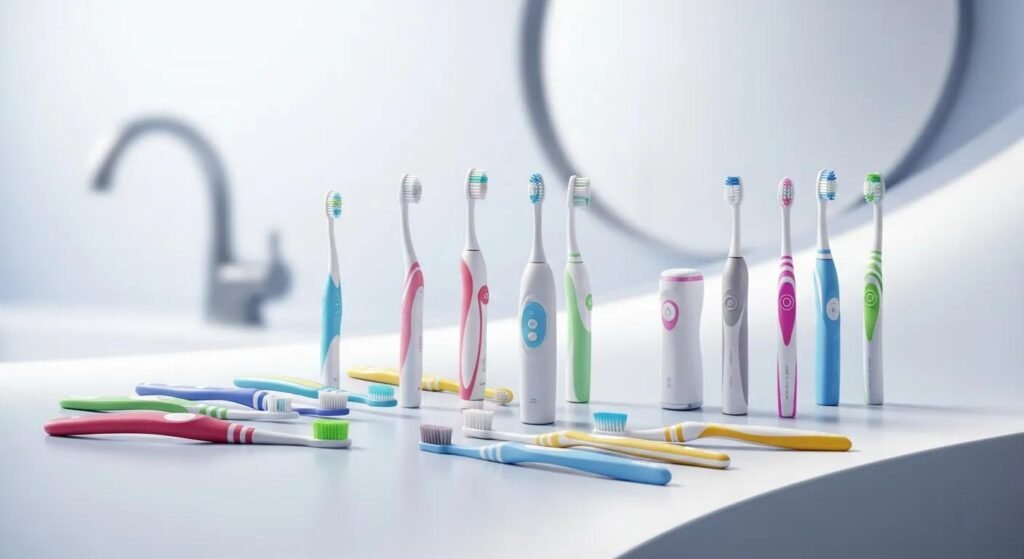 Assorted toothbrushes and electric toothbrush options for optimal oral health.