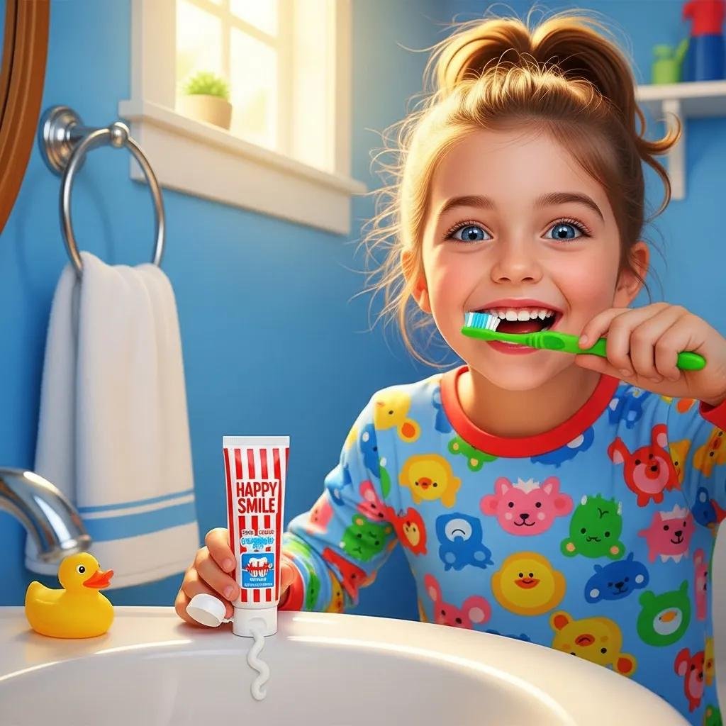 Child brushing teeth with a colorful toothbrush and toothpaste, promoting dental hygiene for kids