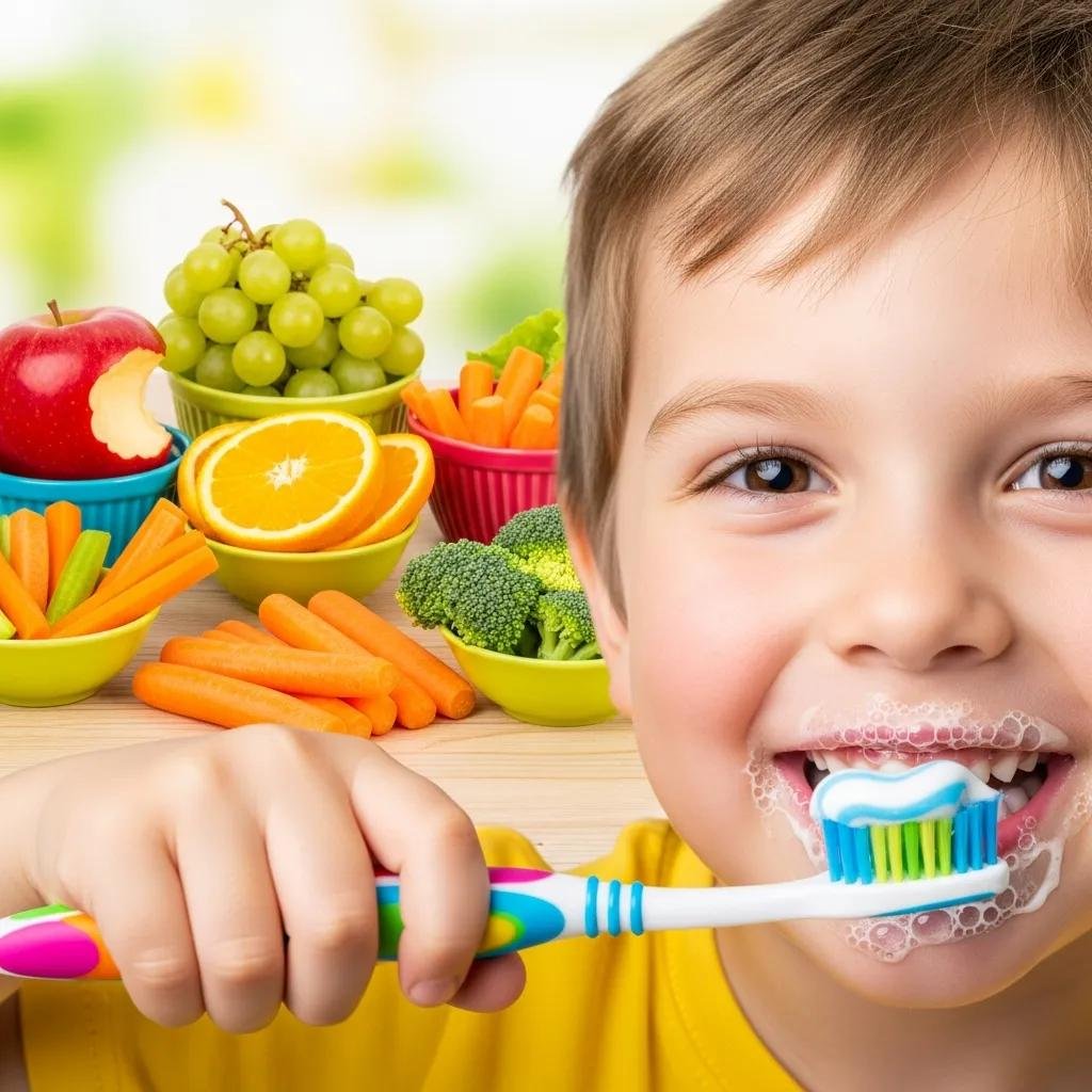 Child brushing teeth and healthy snacks emphasizing dental hygiene tips.