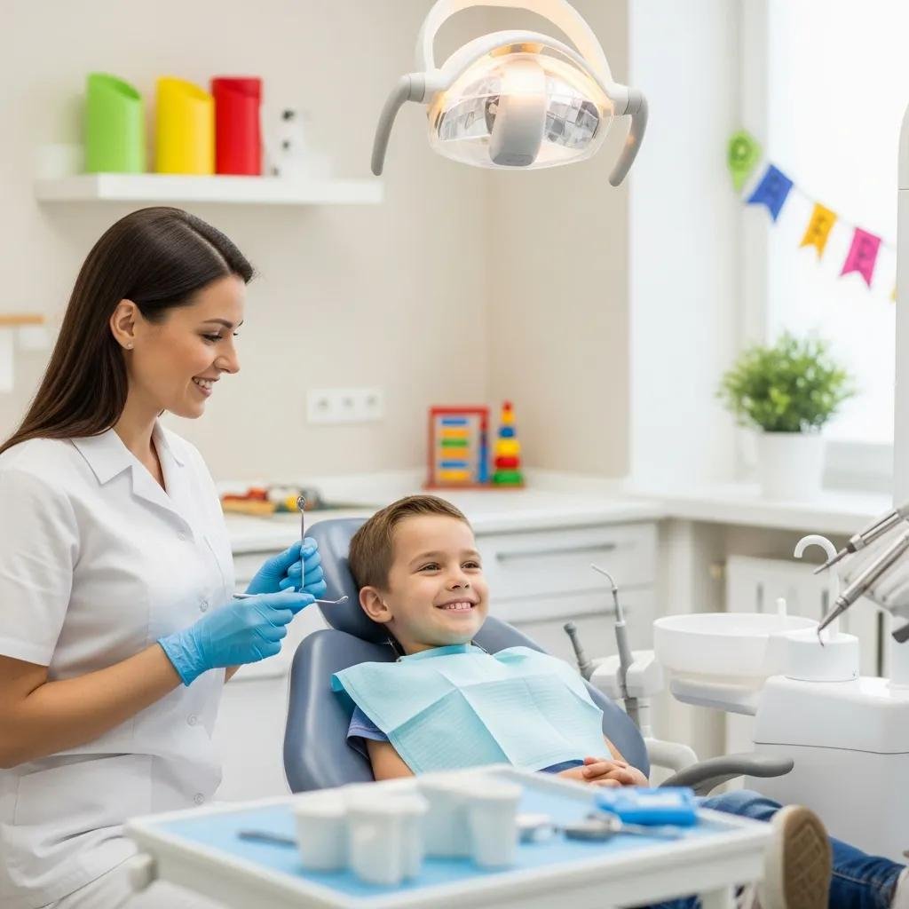Caring dentist and relaxed child in a child-friendly dental office, addressing childhood dental anxiety.