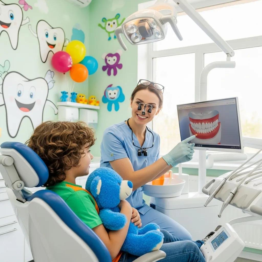 Child in a dental chair with a toy, receiving gentle care from a friendly dentist to manage dental anxiety