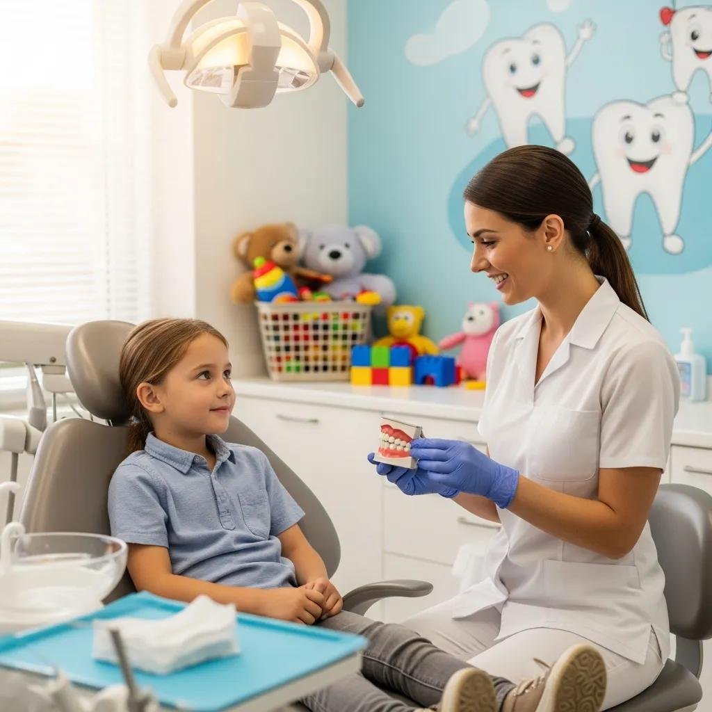 Dentist explaining procedures to child in dental office, reducing anxiety and promoting experiential learning.