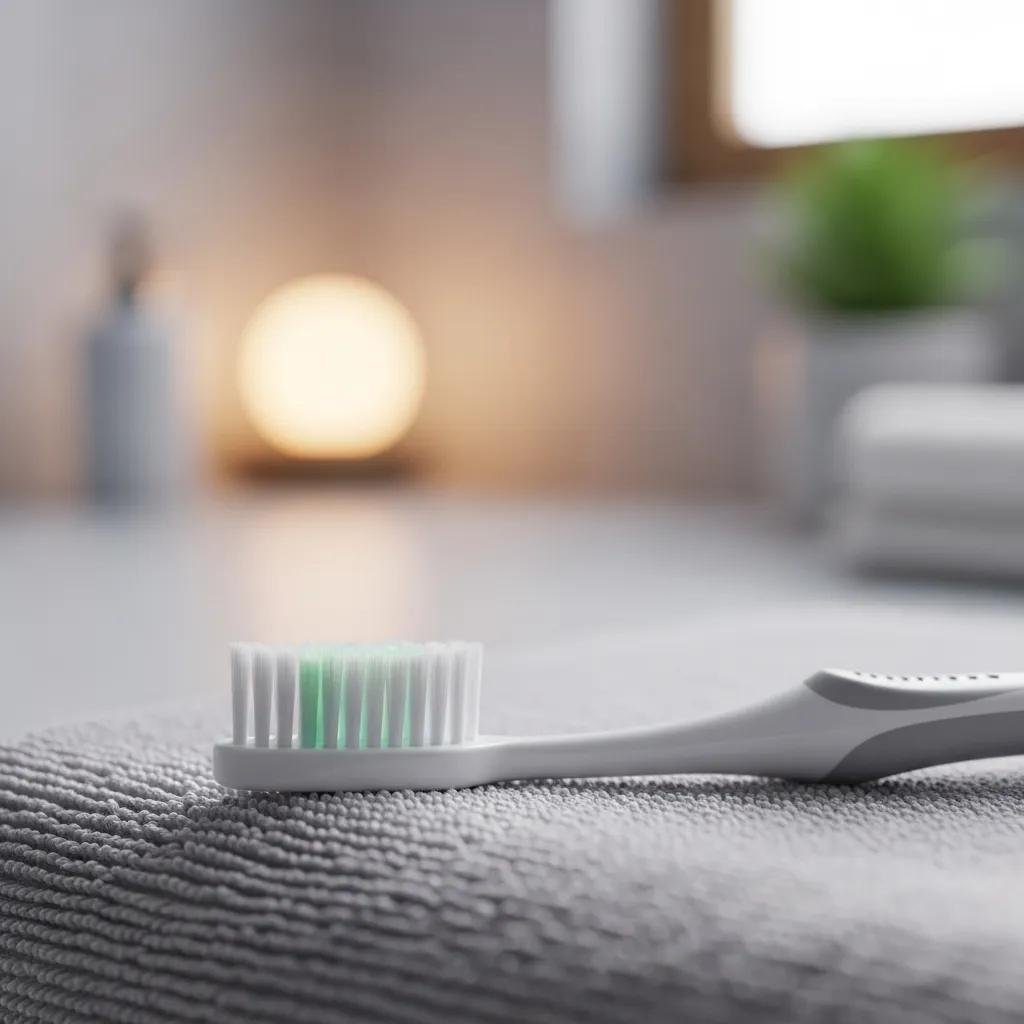 Soft bristle toothbrush on towel for sensitive gums and teeth