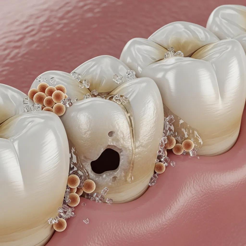 Close-up of a tooth showing bacteria and sugar particles, illustrating the causes of cavities
