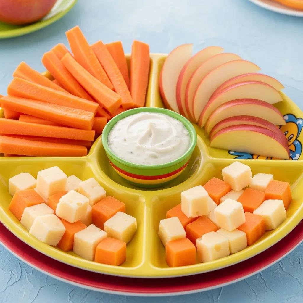 Colorful arrangement of tooth-friendly snacks including carrot sticks, apple slices, and cheese cubes for children's dental health