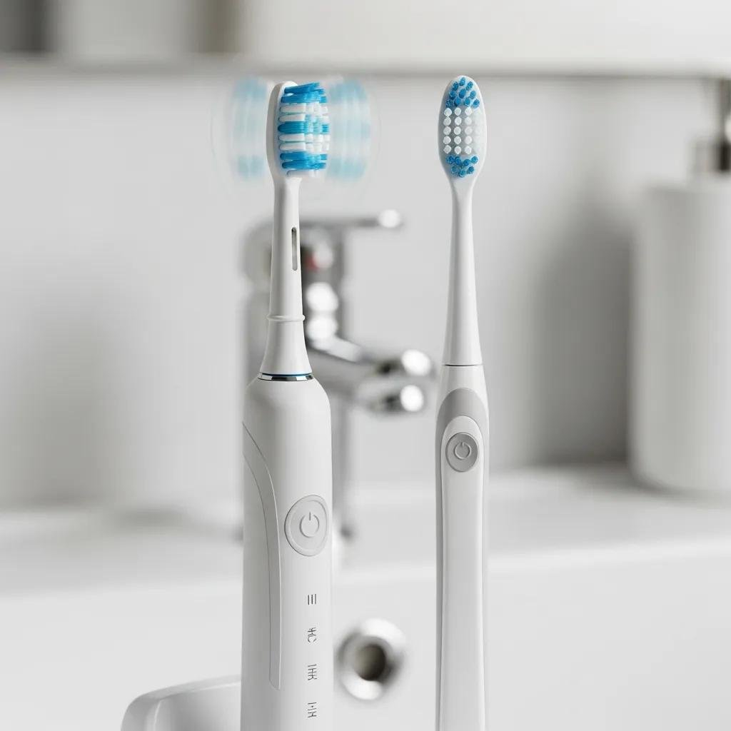 Electric and manual toothbrushes comparison on bathroom sink illustrating design and functionality differences.