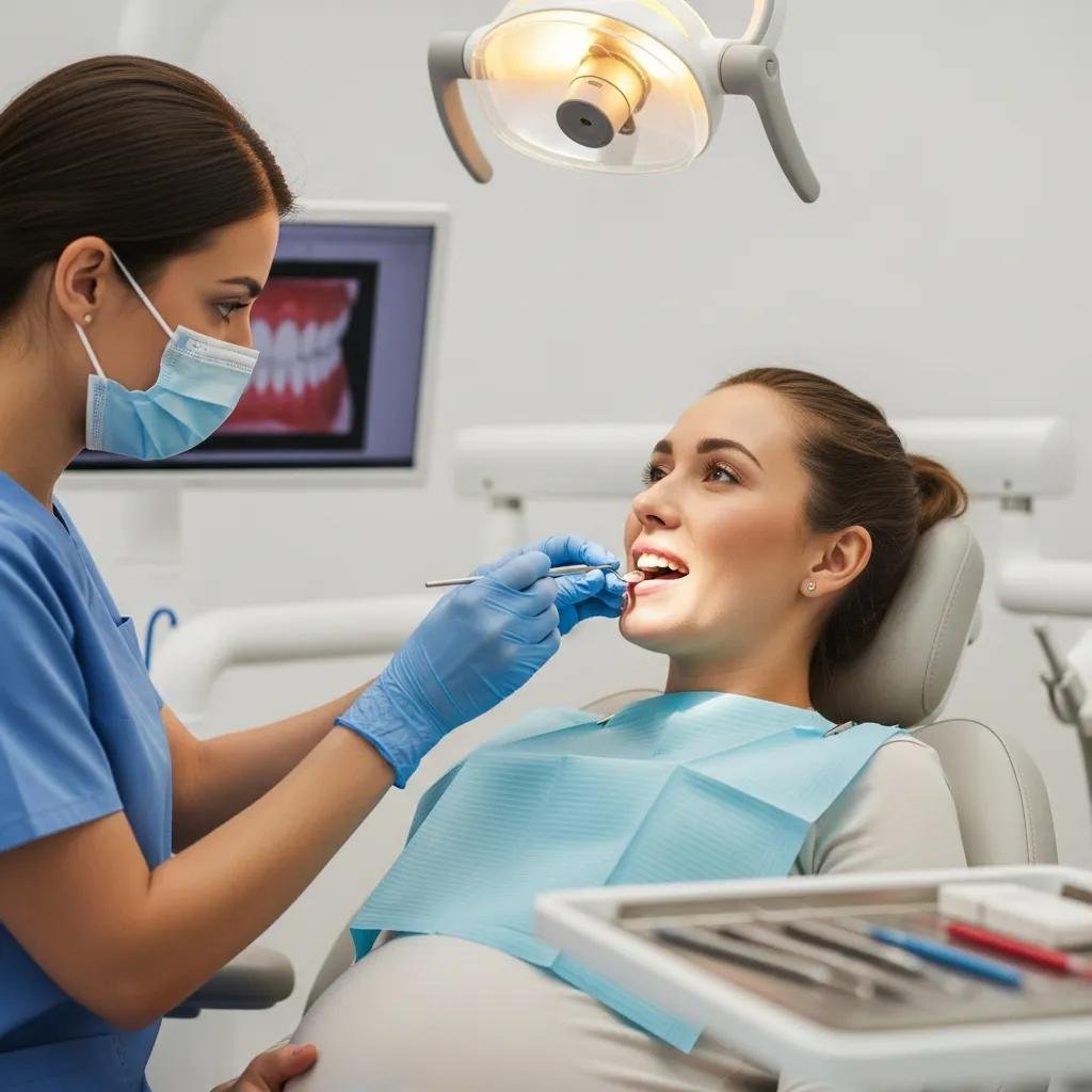 Dentist examining pregnant woman's gums, highlighting pregnancy gingivitis treatment.
