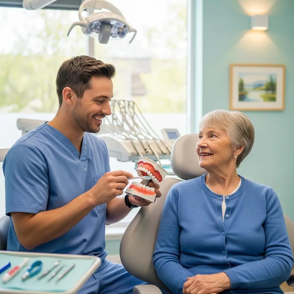 Elderly patient receiving dental care guidance in a welcoming clinic