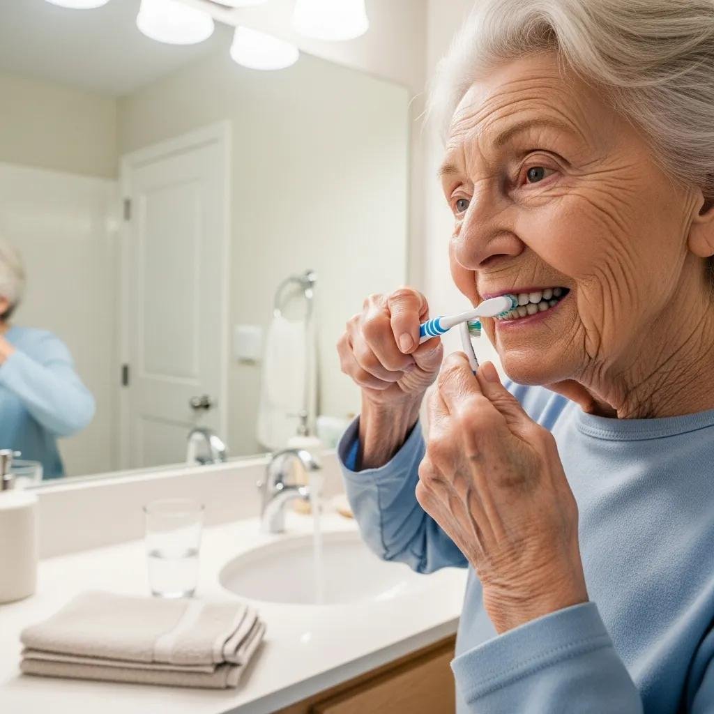 Elderly person practicing daily oral hygiene with a toothbrush