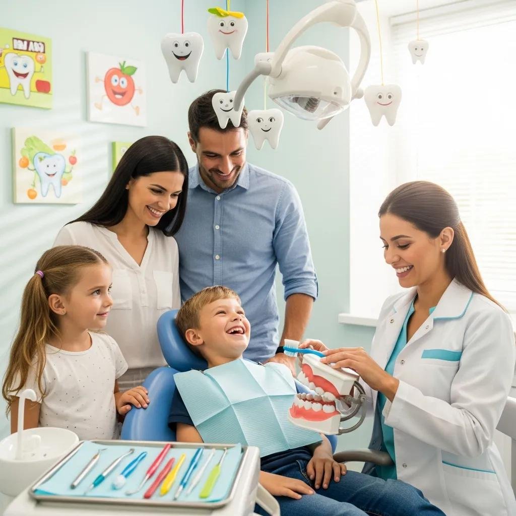 Family at a dental clinic smiling, representing effective dental care and cavity prevention
