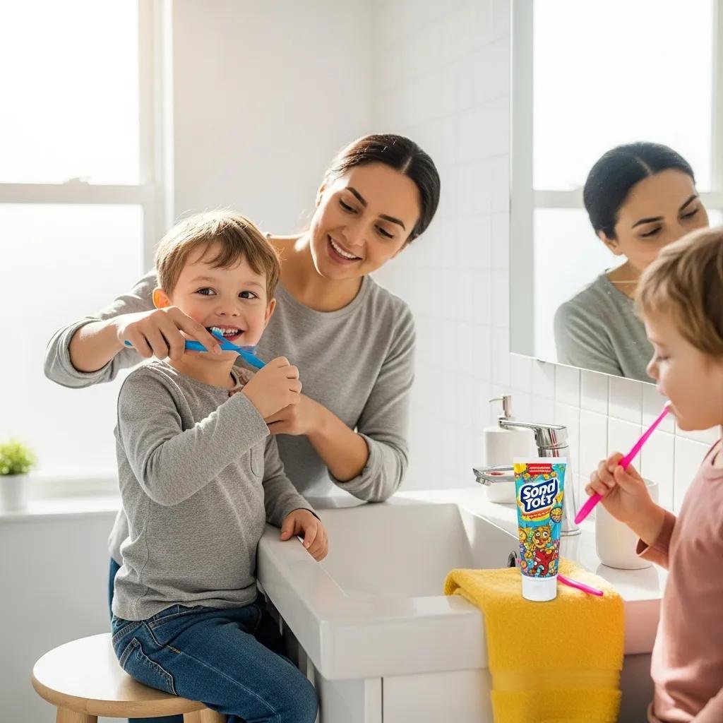 Family brushing teeth together promoting oral health and wellness, establishing positive dental experiences.
