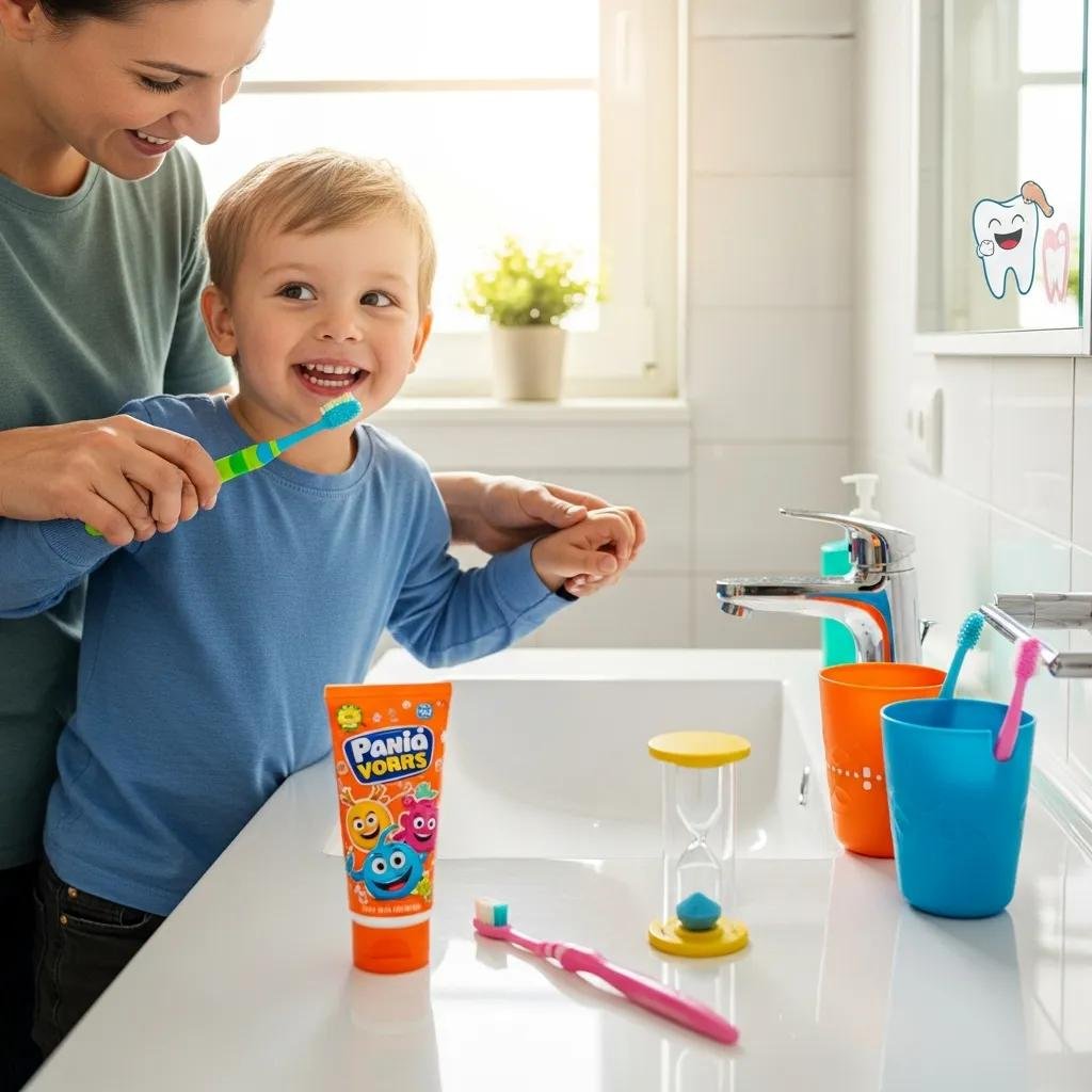 Family practicing dental hygiene and oral care for children