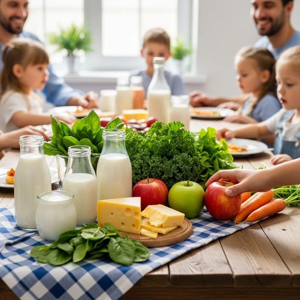 Family meal with dairy, leafy greens, and crunchy fruits for strong teeth and healthy smiles.