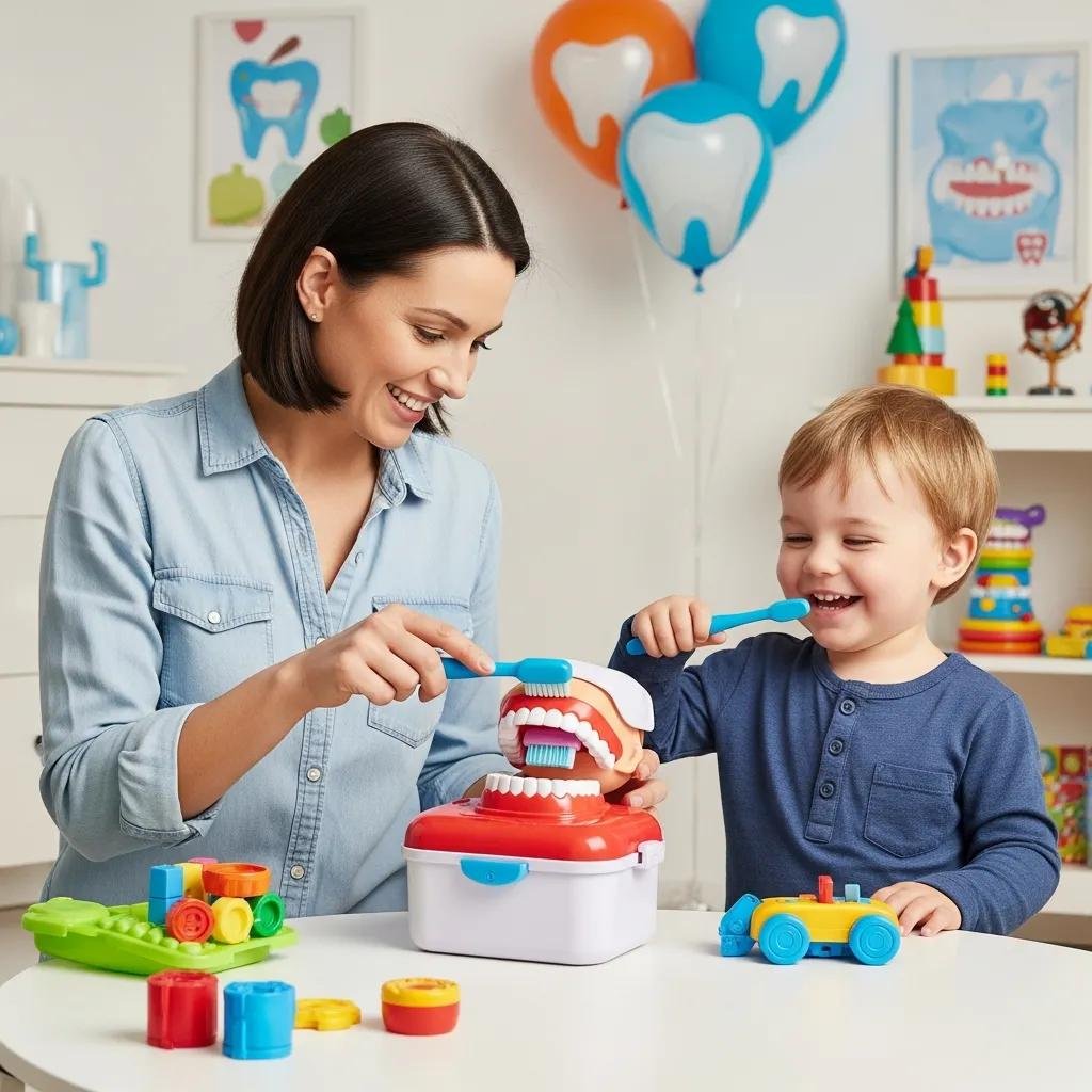 Parent and child playing with toy dental kit to prepare for a dental visit, reducing childhood dental anxiety.