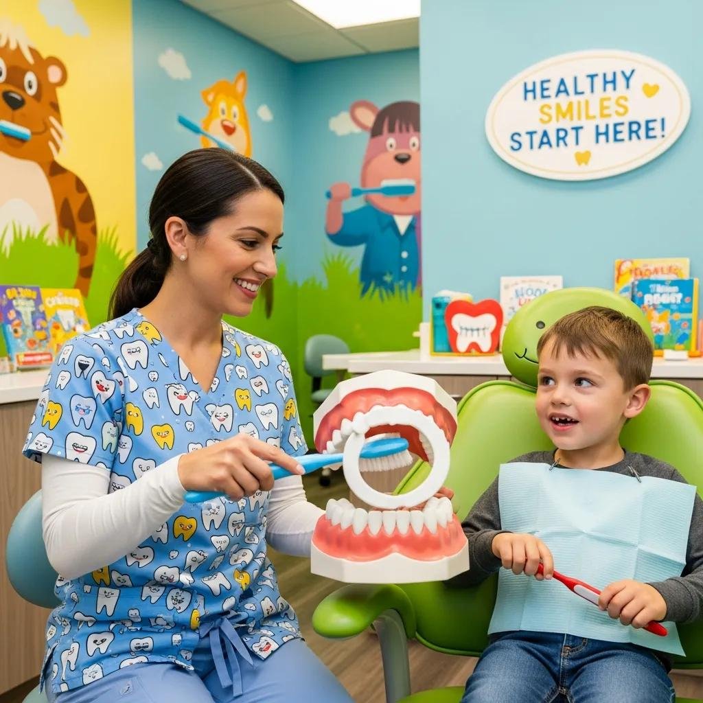 Pediatric dentist educating a child about cavity prevention and dental care, demonstrating proper brushing technique.