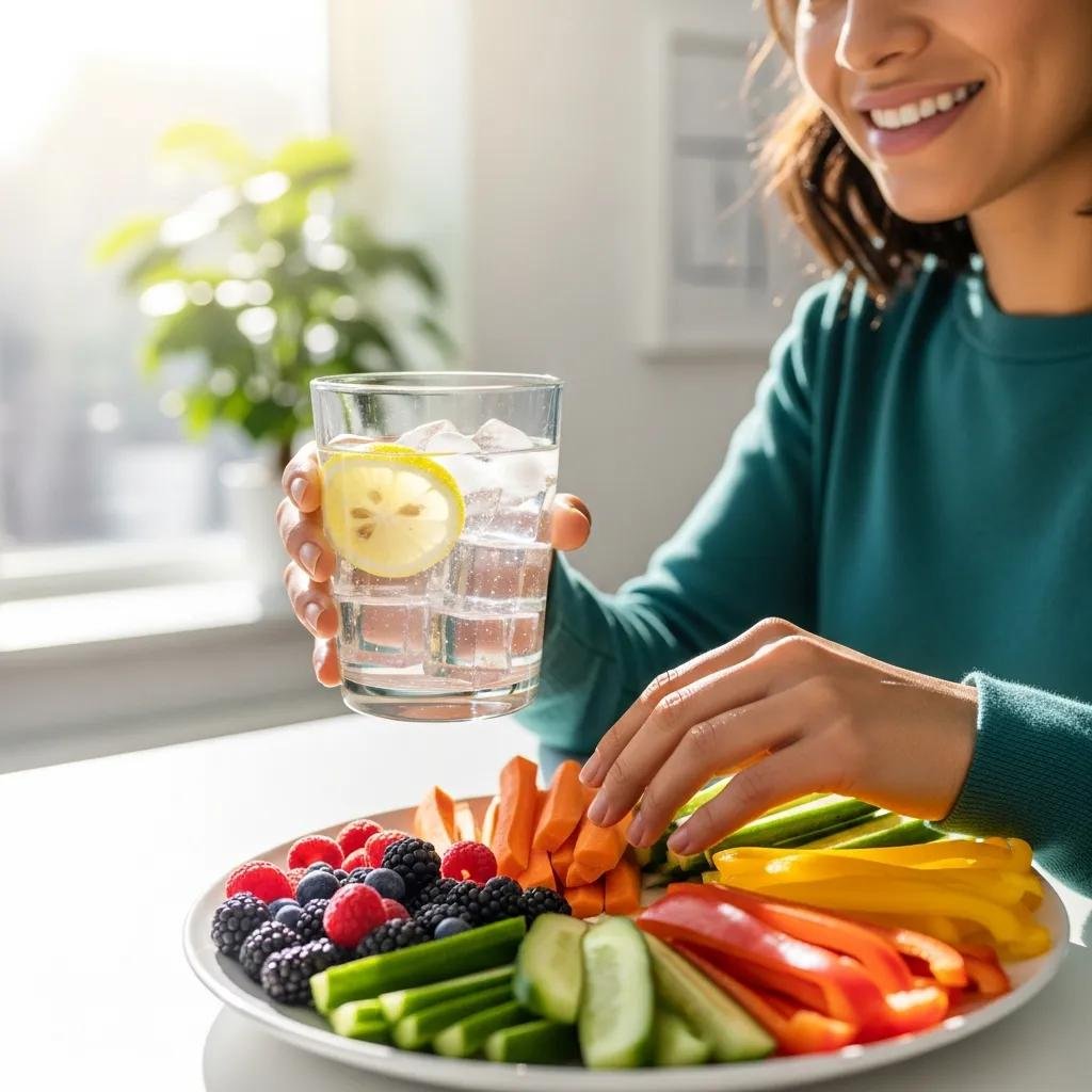 Person enjoying healthy snacks and water to maintain fresh breath throughout the day