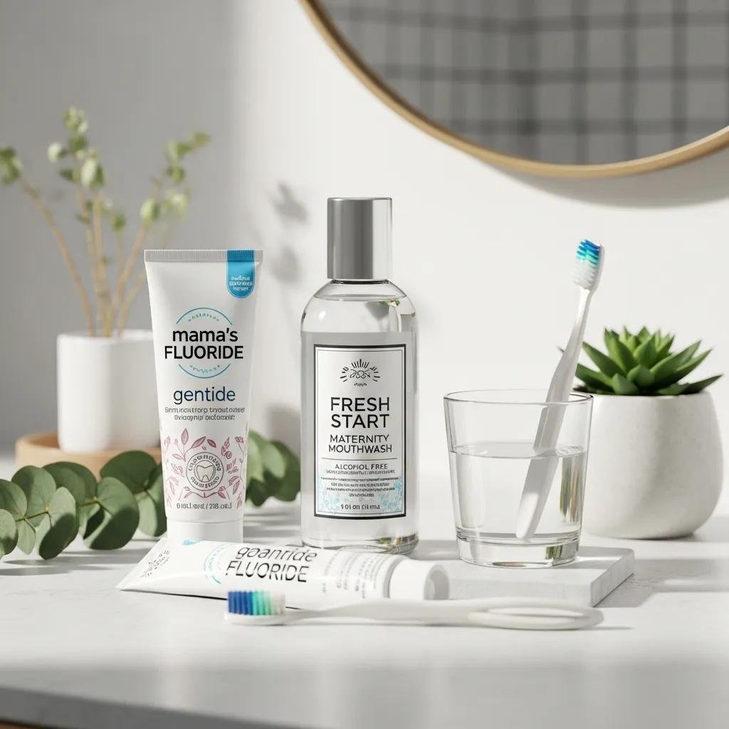 Pregnancy-safe oral hygiene products and fluoride toothpaste on bathroom counter for expectant mothers and babies.