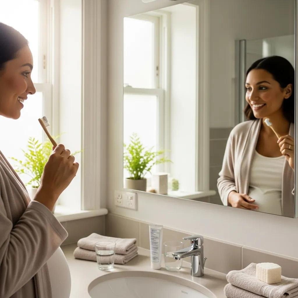 Pregnant woman brushing teeth in bathroom emphasizing oral health during pregnancy and managing pregnancy gingivitis.