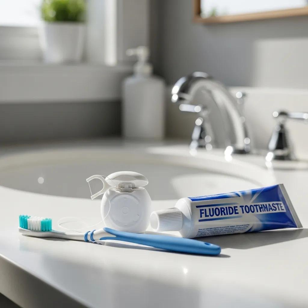 Toothbrush, dental floss, and fluoride toothpaste on a bathroom counter, promoting effective oral hygiene