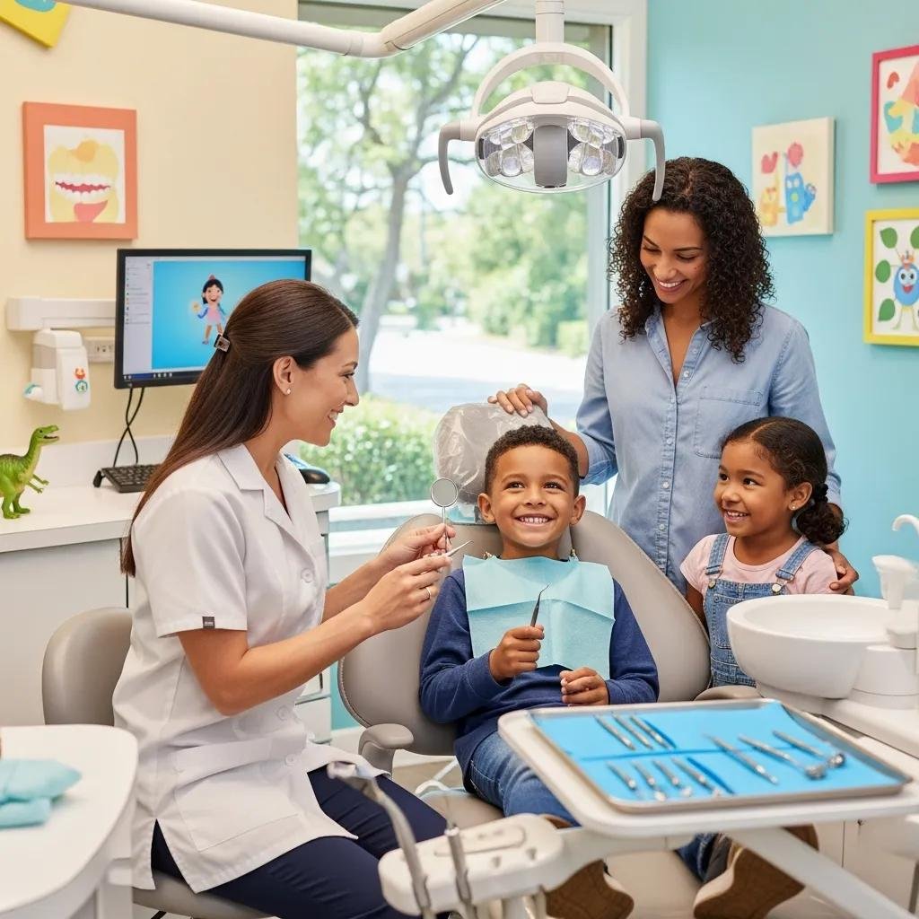 Family dental check-up with a friendly dentist and happy children