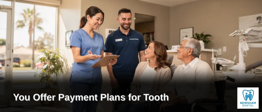 Newsham Dental staff discussing treatment options with smiling family in Rialto, CA.