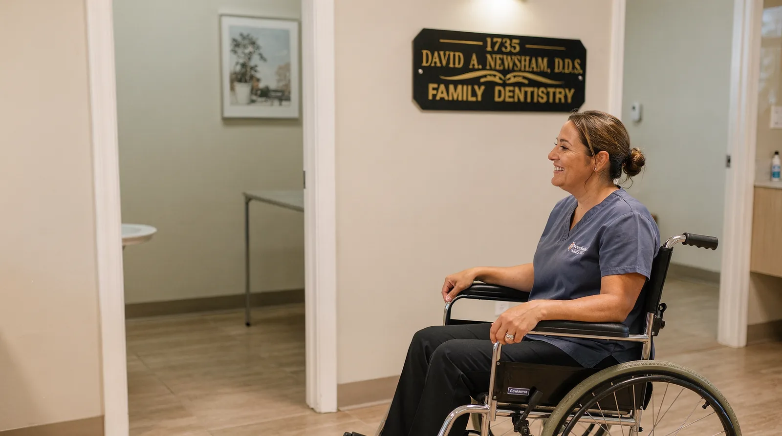 David A. Newsham DDS office reception area and wheelchair accessibility for Rialto patients.