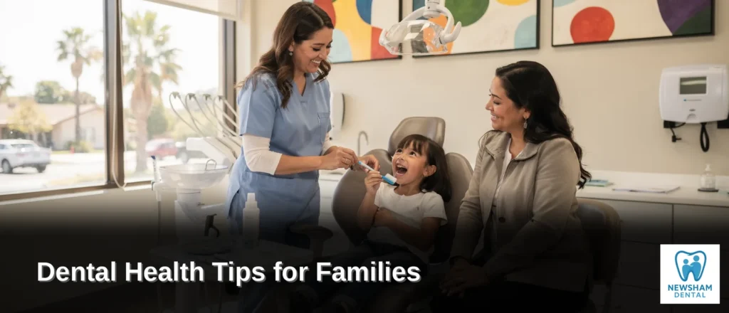 Dentist examining child's teeth, family dental care in Rialto, California.