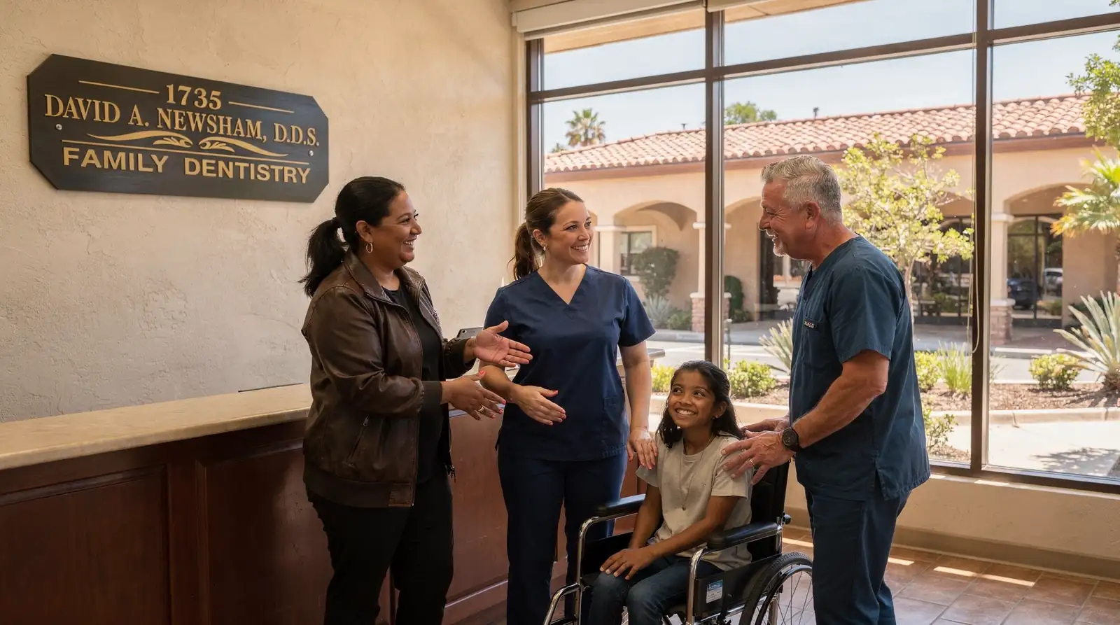 Welcoming dental office reception area and staff greeting a family, including a child in a
