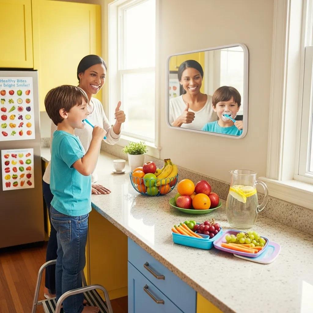 Child brushing teeth in a bright kitchen with healthy snacks promoting oral health