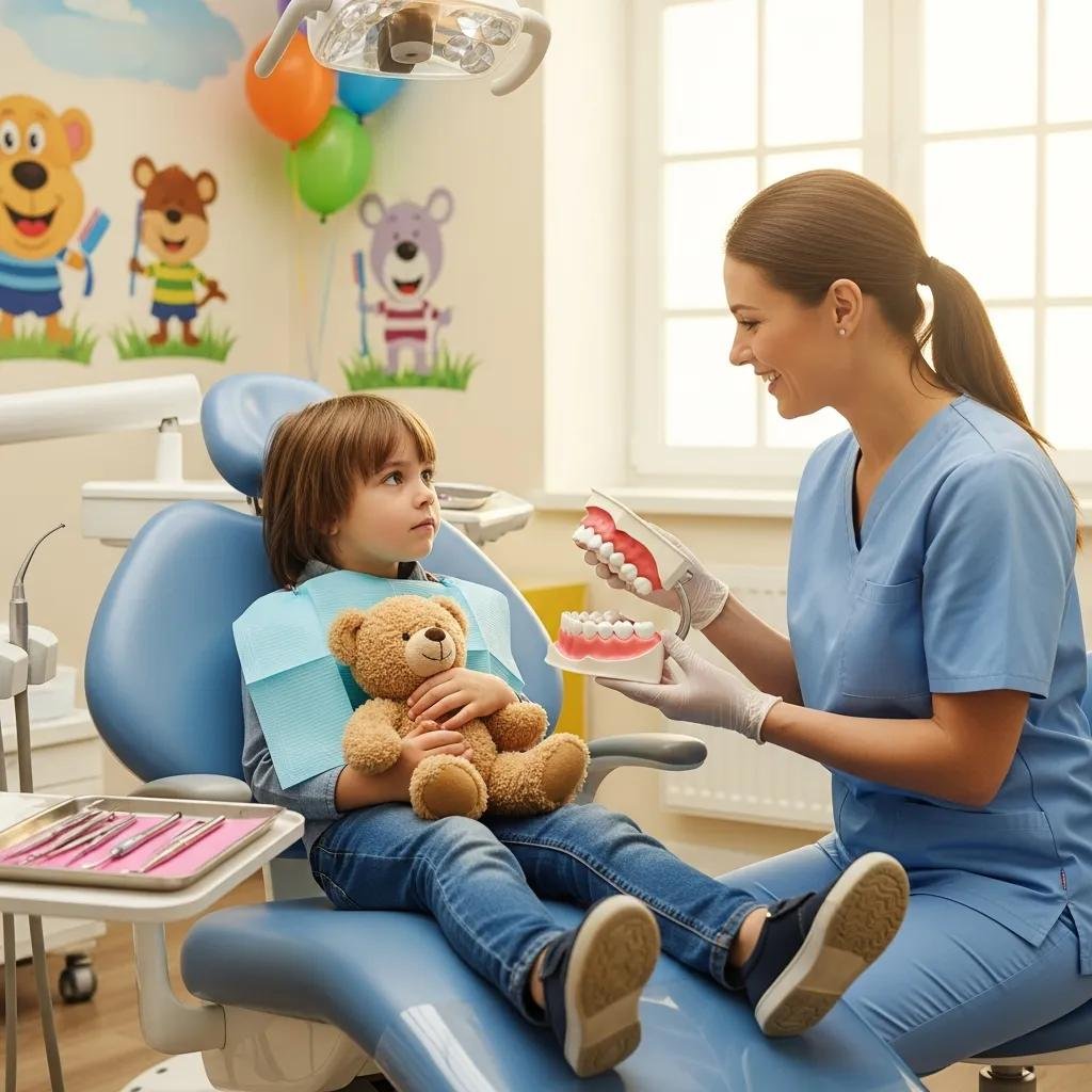 Child in a dental chair holding a toy, with a pediatric dentist explaining the procedure calmly