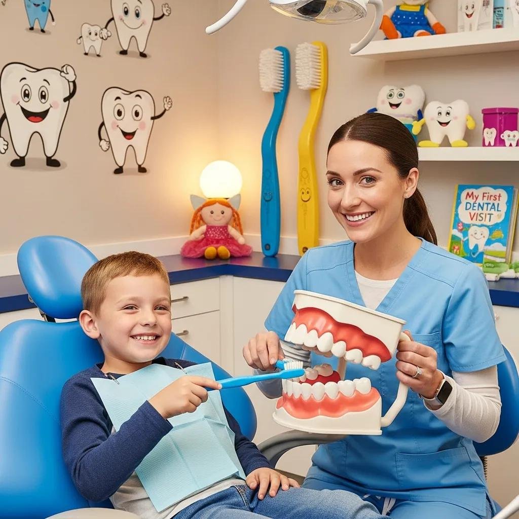 Child smiling in a pediatric dental office with a friendly dentist demonstrating brushing techniques