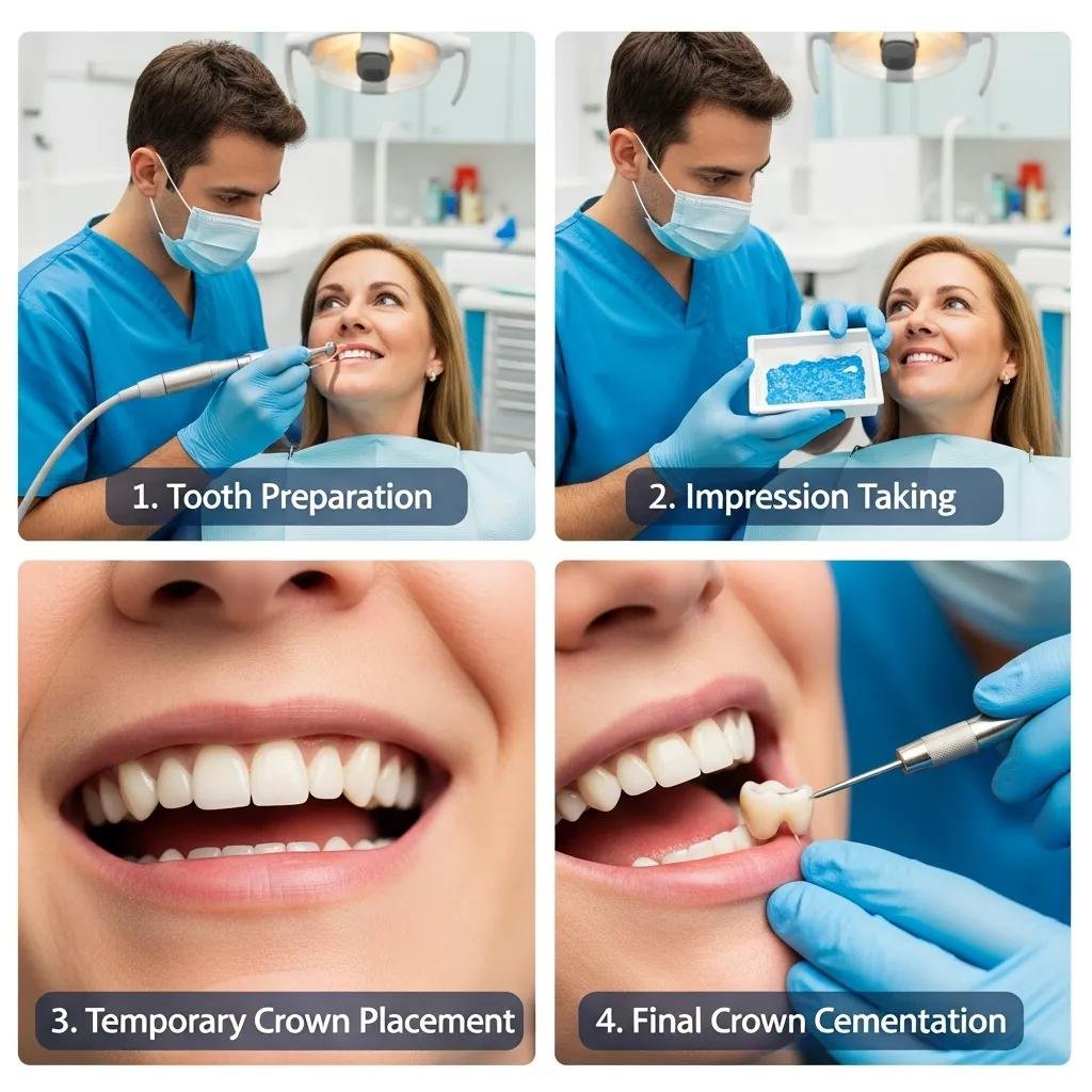 Dental crown procedure steps with dentist and patient interaction
