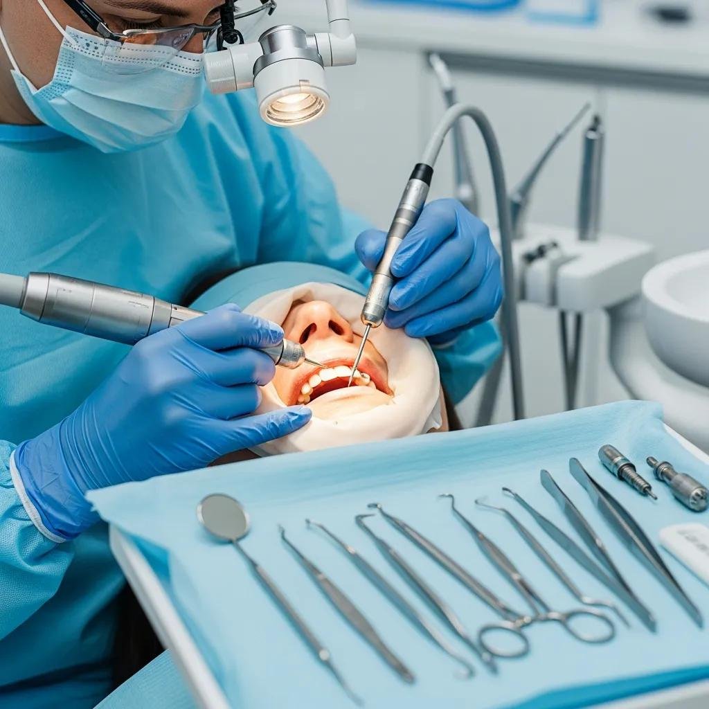 Dental professional performing a single tooth implant procedure in a clean dental office