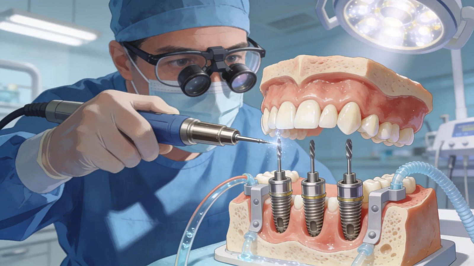 Dental surgeon performing All-on-4 implant placement with titanium implants in a patient's jaw