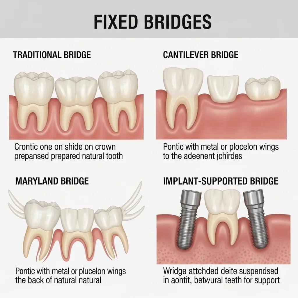 Illustration of different types of fixed dental bridges including traditional, cantilever, Maryland, and implant-supported