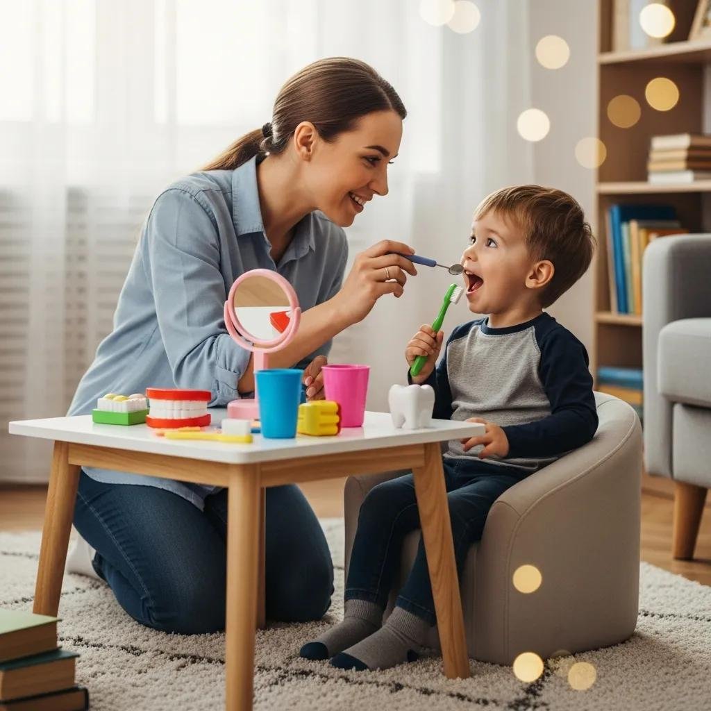 Parent and child role-playing a dental visit at home, fostering a positive experience